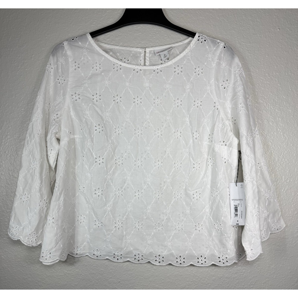 Liz Claiborne White Eyelet 3/4 Bell Sleeve Blouse Women's Size M